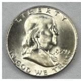 1959-D Franklin Silver Half Dollar, BU 90%