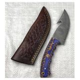 Damascus Steel Gut Hook Skinner Knife w/ Sheath