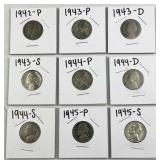 (9) 1942-45 Silver WWII 35% Nickels, 9 of 11 Set