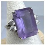 925 Silver Large Amethyst 4 Zirconia Accent Ring