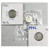 (3) 1942-1964 Silver Dimes 90% Assortment