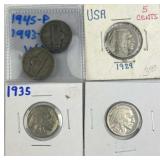 (2) Silver War Nickels & (3) Buffalo Nickels