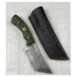 Damascus Steel Fixed Tanto Blade Knife w/ Sheath