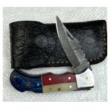 Damascus Steel TX Folding Blade Knife w/ Sheath