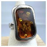 925 Silver Rectangle Poland Cognac Baltic Amber Ri
