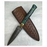 Damascus Steel Fixed Stiletto Blade Knife w Sheath