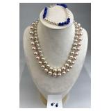 Set of 2 Faux Pearl Necklaces & Blue Bead Bracelet