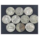 (10) 1942-45 Silver WWII Era War Nickels, 35%