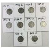 (10) 1942-45 Silver WWII 35% Nickels, 10/11 Set