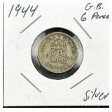 1944 Silver Great Britain 6 Pence Coin