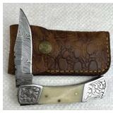 Damascus Steel Folding Blade Knife w/ Sheath