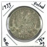 1933 Silver Poland 5 Zlotych Coin, 75%