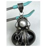 925 Silver Art Nouveau Black Tourmaline & Pearl Pe