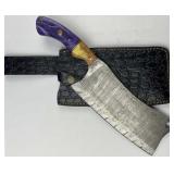 Lg. Damascus Steel Cleaver Blade Knife w/ Sheath