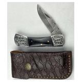 Damascus Steel Folding Blade Knife w/ Sheath