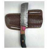 Damascus Steel Fixed Bull Cutter Knife w/ Sheath