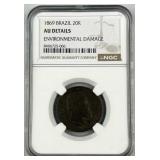 1869 Brazil 20 Reales, NGC AU Details-Env. Dmg