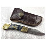 Damascus Steel Folding Blade Knife w/ Sheath