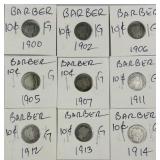 (9) 1900-1914 Silver Barber Dimes, All Different