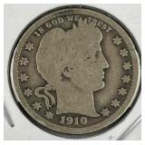 1910 Barber Silver Quarter, US 90%, 10c Coin