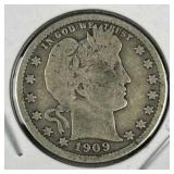 1909-D Barber Silver Quarter, US 90%, 10c Coin