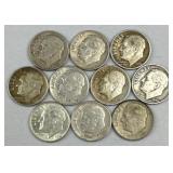 (10) 1948-1964 Silver Rosevelt Dimes, US 90%