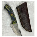 Damascus Steel Fixed Gut Hook Knife w/ Sheath