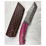 Damascus Steel Fixed Blade Tanto Knife w/ Sheath