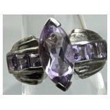 925 Silver Marquise-Cut Amethyst w/ 6 Accent Ring