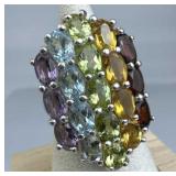 925 Silver 5-Row Multi-Gemstone Statement Ring