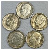 (5) 1948-1964 Silver Rosevelt Dimes, US 90%