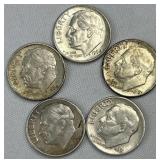 (5) 1948-1964 Silver Rosevelt Dimes, US 90%