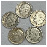 (5) 1948-1964 Silver Rosevelt Dimes, US 90%