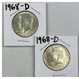 (2) 1968-D JFK 40% Silver Half Dollars, US