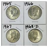 (4) 1965-68 JFK 40% Silver Half Dollars, US