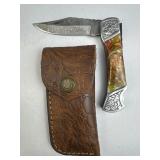 Damascus Steel Folding Blade Knife w/ Sheath
