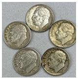 (5) 1948-1964 Silver Rosevelt Dimes, US 90%