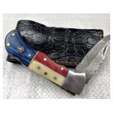 Damascus Steel TX Folding Blade Knife w/ Sheath