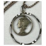 Mercury Silver Dime Cutout Pendant 925 Chain