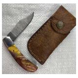 Damascus Steel Folding Blade Knife w/ Sheath
