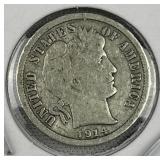 1914-D Barber Silver Dime, Fine, US 90%