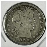 1899 Barber Silver Quarter, US 90%, 10c Coin