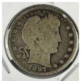1897 Barber Silver Quarter, US 90%, 10c Coin