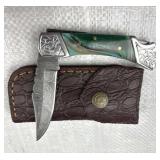 Damascus Steel Folding Blade Knife w/ Sheath