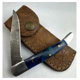 Damascus Steel Folding Blade Knife w/ Sheath