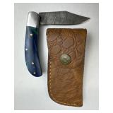 Damascus Steel Folding Blade Knife w/ Sheath