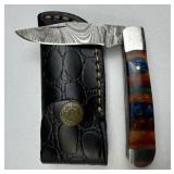 Damascus Steel Folding Blade Knife w/ Sheath