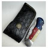 Damascus Steel TX Folding Blade Knife w/ Sheath