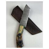 Damascus Steel Fixed Tanto Blade Knife w/ Sheath