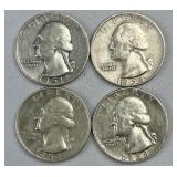 (4) 1951-1958 Silver Washington Quarters, 90%